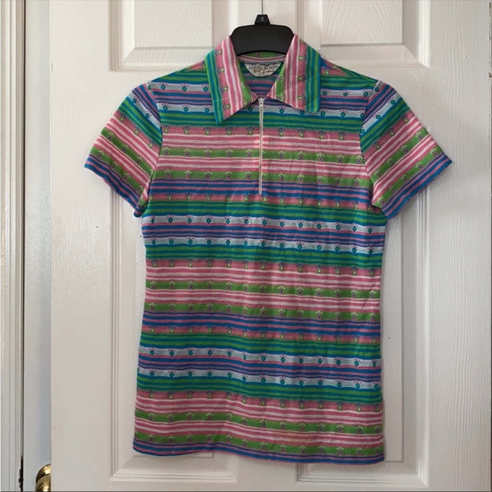 VTG 60’s Floral Flower Power Striped Polo Zipper Front Shirt